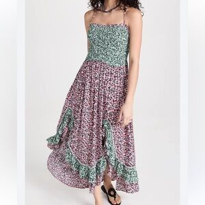 Smocked Floral Maxi Dress in Pink and Green